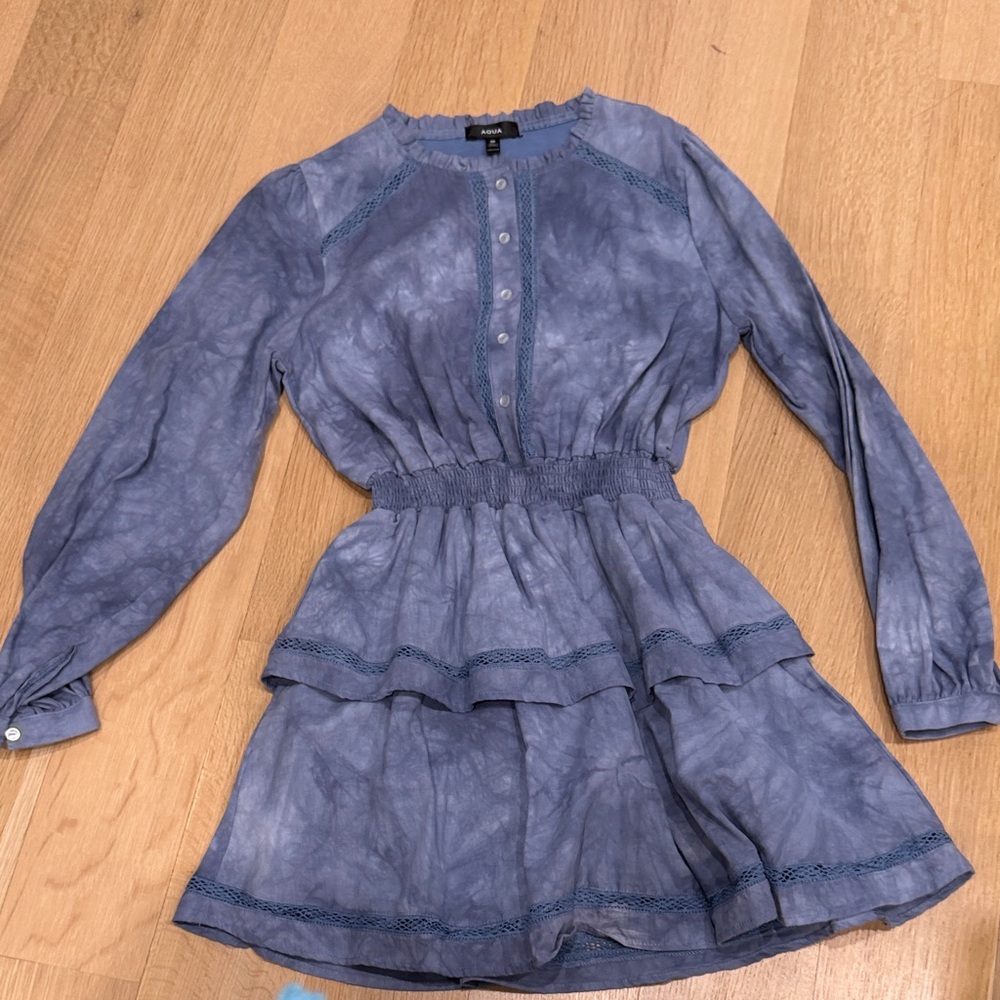 Aqua Lavender-Blue Long Sleeve Tiered Smocked Waist Dress